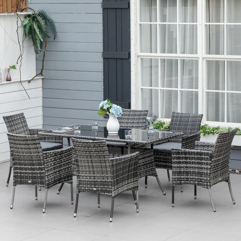 Rattan Garden Furniture Dining Set 6 - seater Patio Rectangular Table Cube Chairs - SILVIONIX