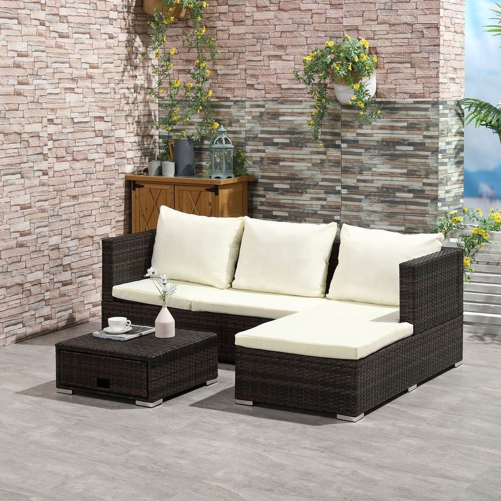 Rattan Garden Sofa Set Storage Table Wicker Patio Lounger 4 - Seater Brow - SILVIONIX