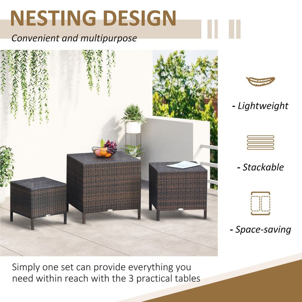 Rattan Nesting Table Set Three Piece Stacking Coffee Side Garden - SILVIONIX