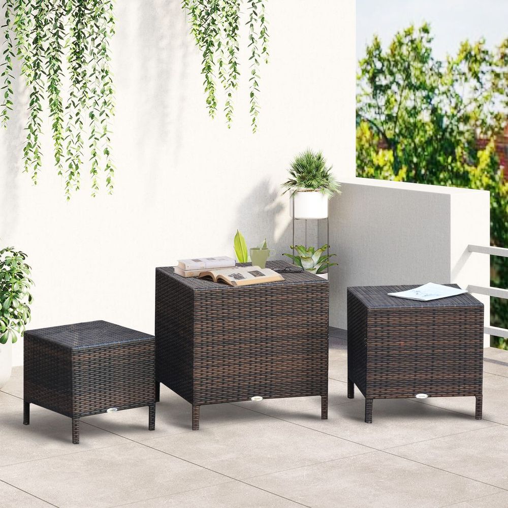 Rattan Nesting Table Set Three Piece Stacking Coffee Side Garden - SILVIONIX