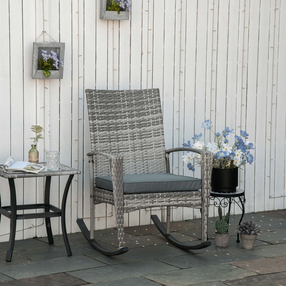 Rattan Rocking Chair Rocker with Cushion - Light Grey - SILVIONIX