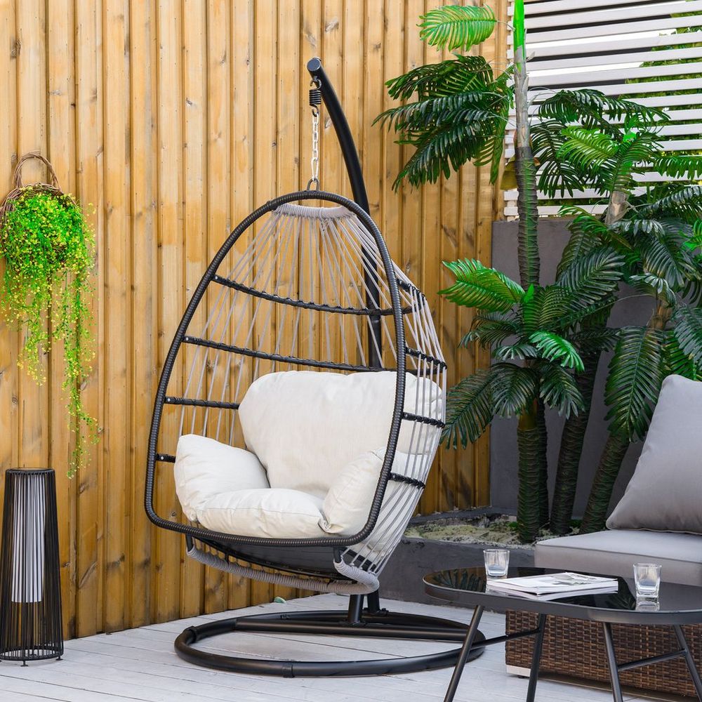 Rattan Weave Hanging Egg Chair w/ Folding Design Indoor & Outdoor Black - SILVIONIX