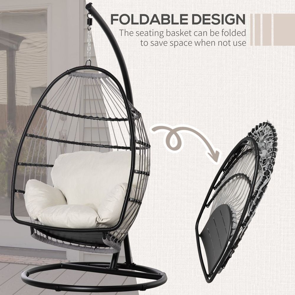 Rattan Weave Hanging Egg Chair w/ Folding Design Indoor & Outdoor Black - SILVIONIX