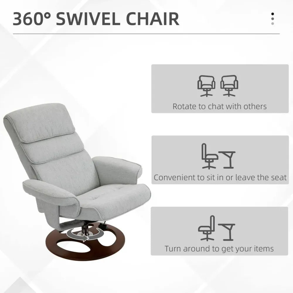 Recliner Chair Ottoman Set 360 Swivel Sofa Thick Padding Wood Base Grey - SILVIONIX