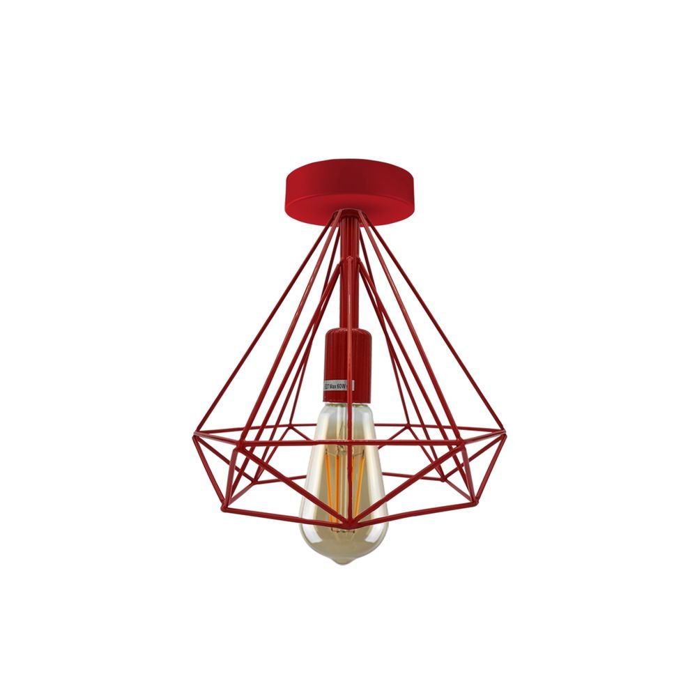 Red Vintage Semi Flush Mount Ceiling Light Fixture Metal Cage Ceiling Lampshade with E27 Holder - SILVIONIX