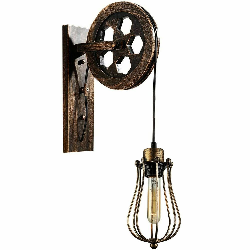 Retro Industrial Pulley Wheel Wall Light Fixture Metal Cage Indoor Light - SILVIONIX