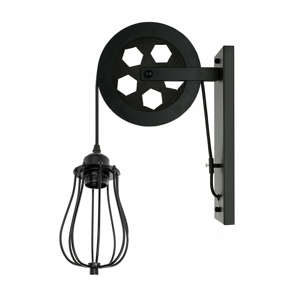 Retro Industrial Pulley Wheel Wall Light Fixture Metal Cage Indoor Light - SILVIONIX