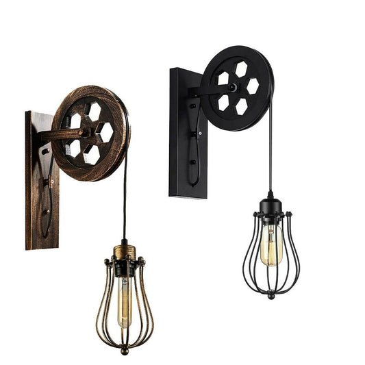 Retro Industrial Pulley Wheel Wall Light Fixture Metal Cage Indoor Light - SILVIONIX