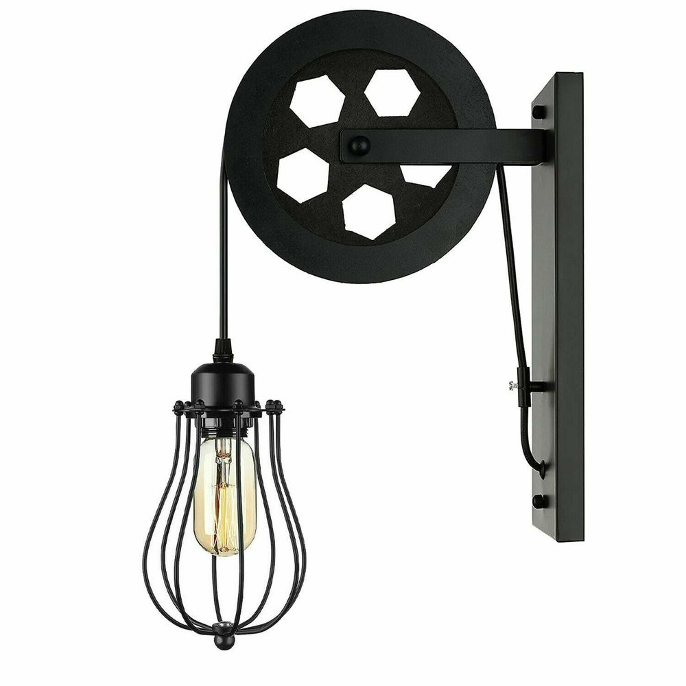 Retro Industrial Pulley Wheel Wall Light Fixture Metal Cage Indoor Light - SILVIONIX