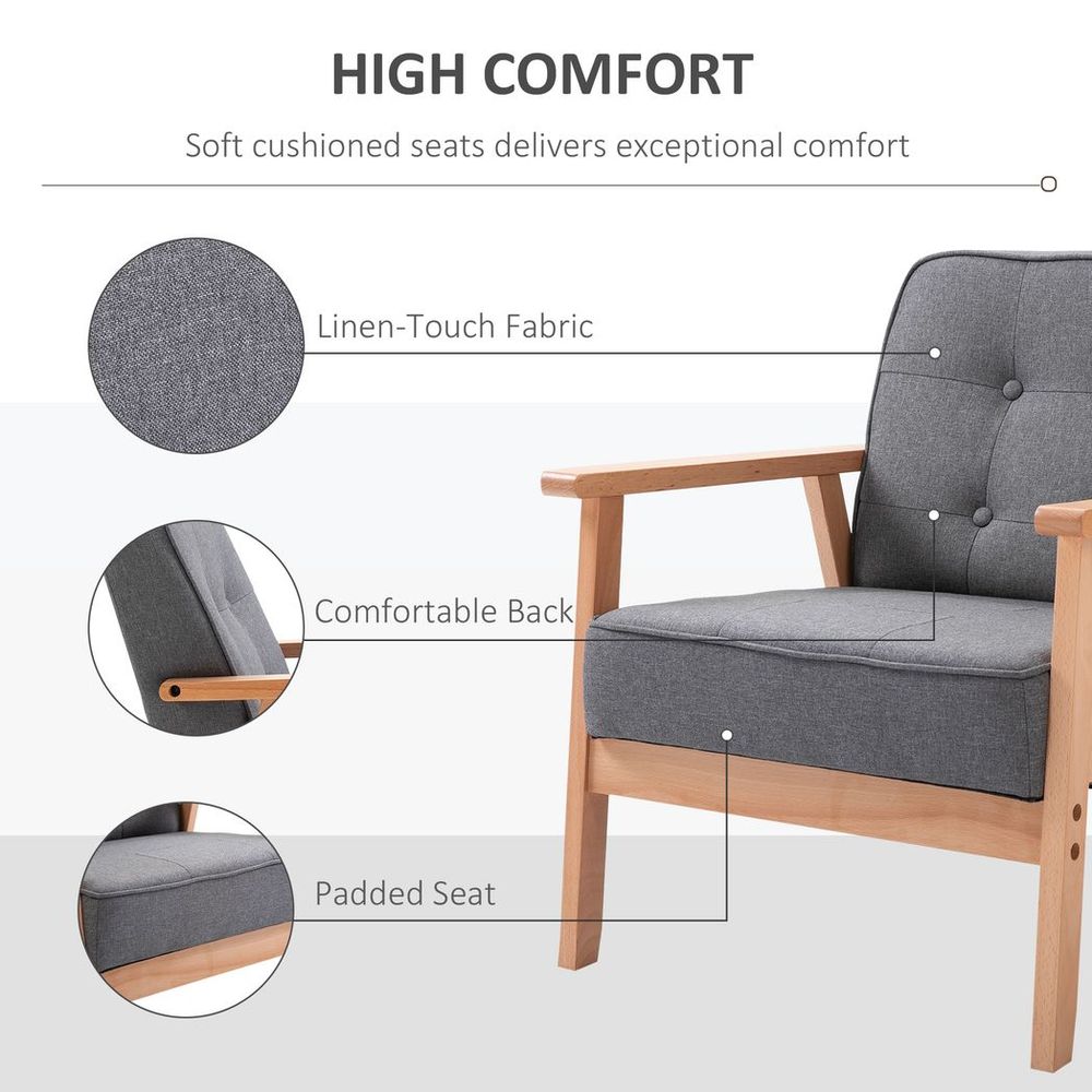 Retro Single Sofa Armchair Beech Wood Frame Padded Cushion Linen Fabric Grey - SILVIONIX