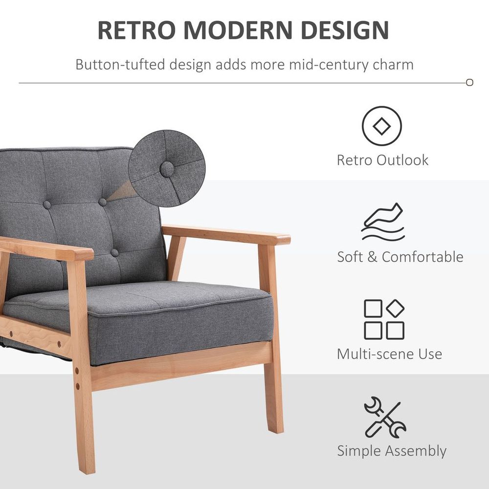 Retro Single Sofa Armchair Beech Wood Frame Padded Cushion Linen Fabric Grey - SILVIONIX