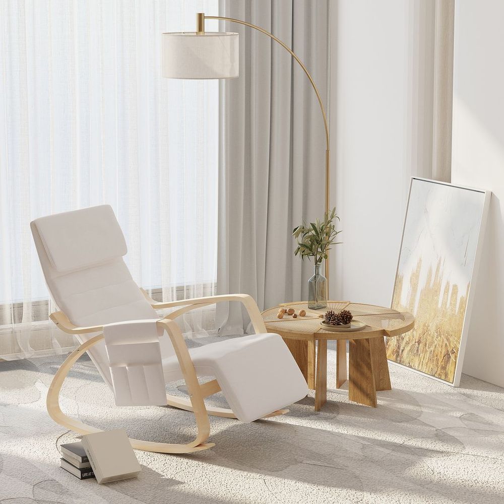 Rocking Chair Recliner Armchair with Adjustable Footrest, Cream White - SILVIONIX