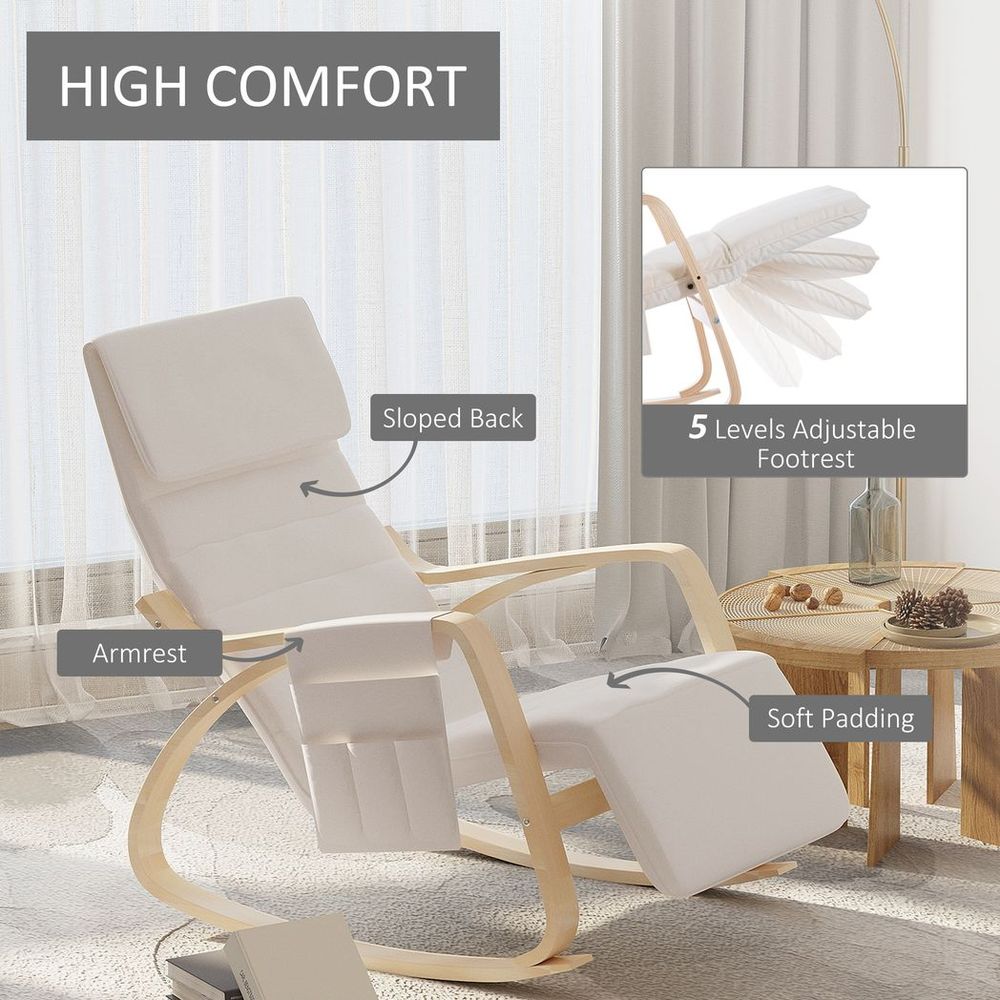 Rocking Chair Recliner Armchair with Adjustable Footrest, Cream White - SILVIONIX