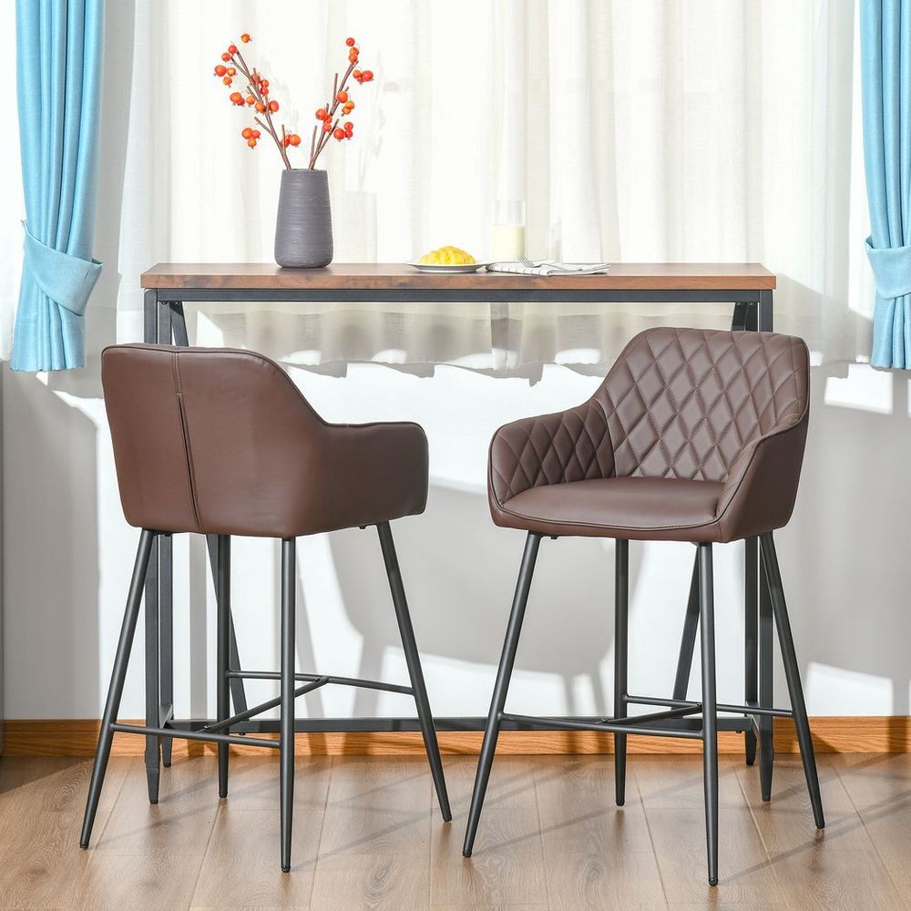 Set Of 2 Retro PU Leather Bar Chairs Set Stylish w/ Footrest Metal Frame - SILVIONIX