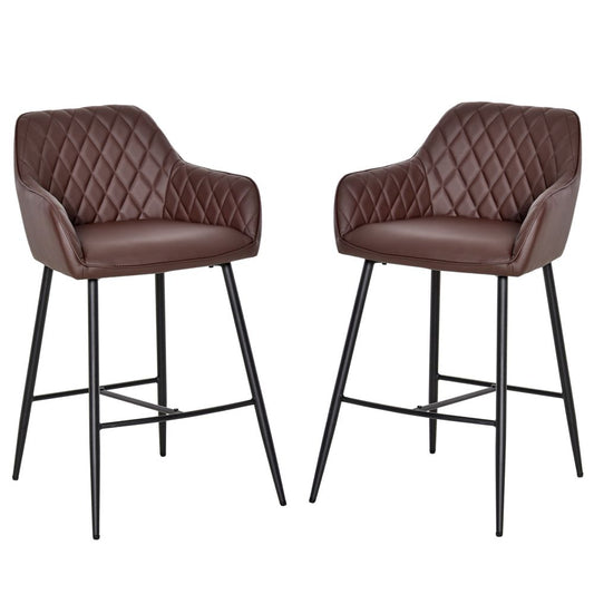 Set Of 2 Retro PU Leather Bar Chairs Set Stylish w/ Footrest Metal Frame - SILVIONIX