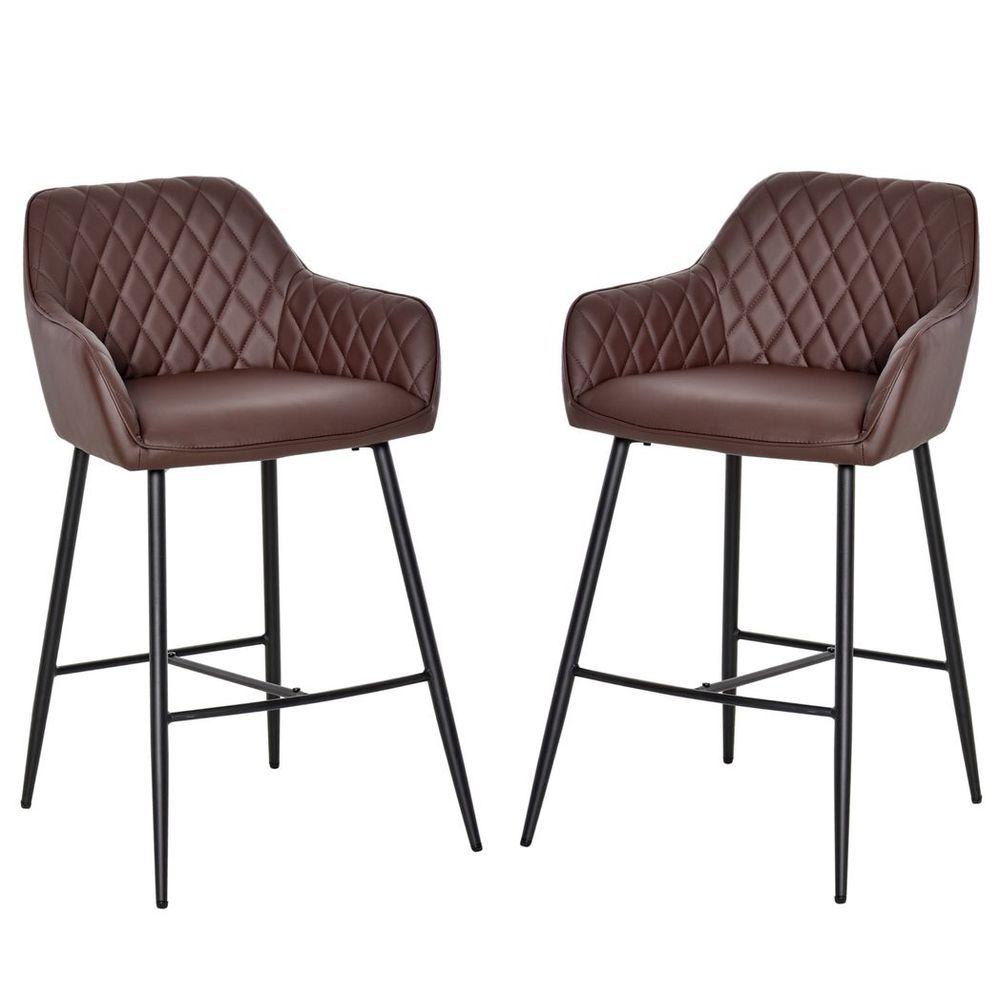 Set Of 2 Retro PU Leather Bar Chairs Set Stylish w/ Footrest Metal Frame - SILVIONIX