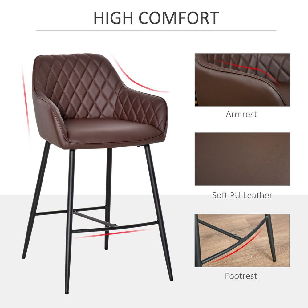 Set Of 2 Retro PU Leather Bar Chairs Set Stylish w/ Footrest Metal Frame - SILVIONIX