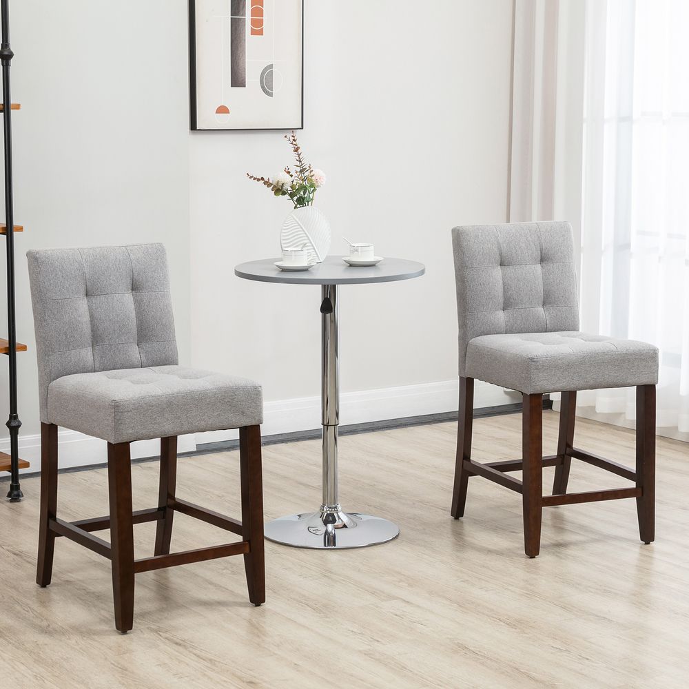 Set of 2, Thick Padding Stool, Bar Chairs with Tufted Back Wood Legs, Grey - SILVIONIX