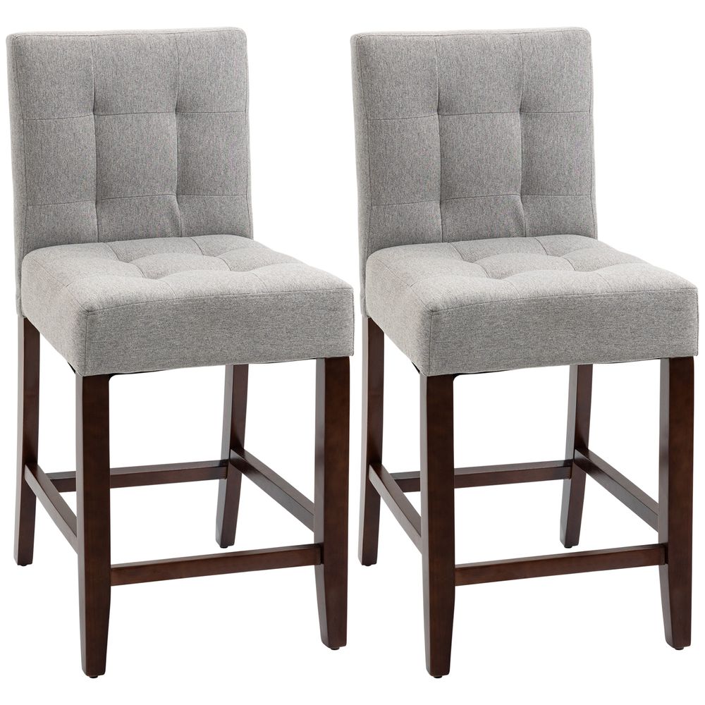 Set of 2, Thick Padding Stool, Bar Chairs with Tufted Back Wood Legs, Grey - SILVIONIX