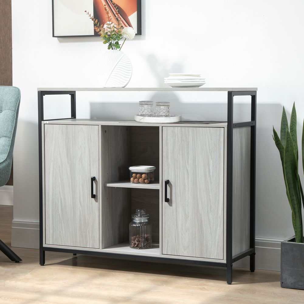 Sideboard, Steel Frame 2 Doors and Adjustable Shelves Light Grey - SILVIONIX