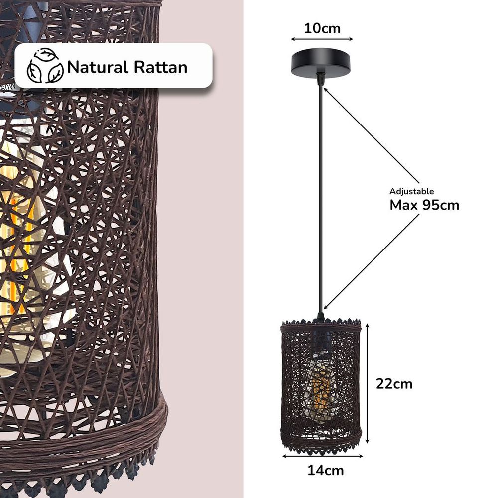 Single Natural Wicker Rattan Ceiling Pendant Light Shade E27 Base Adjustable cord Handmade Pendant Lighting Fixture - SILVIONIX