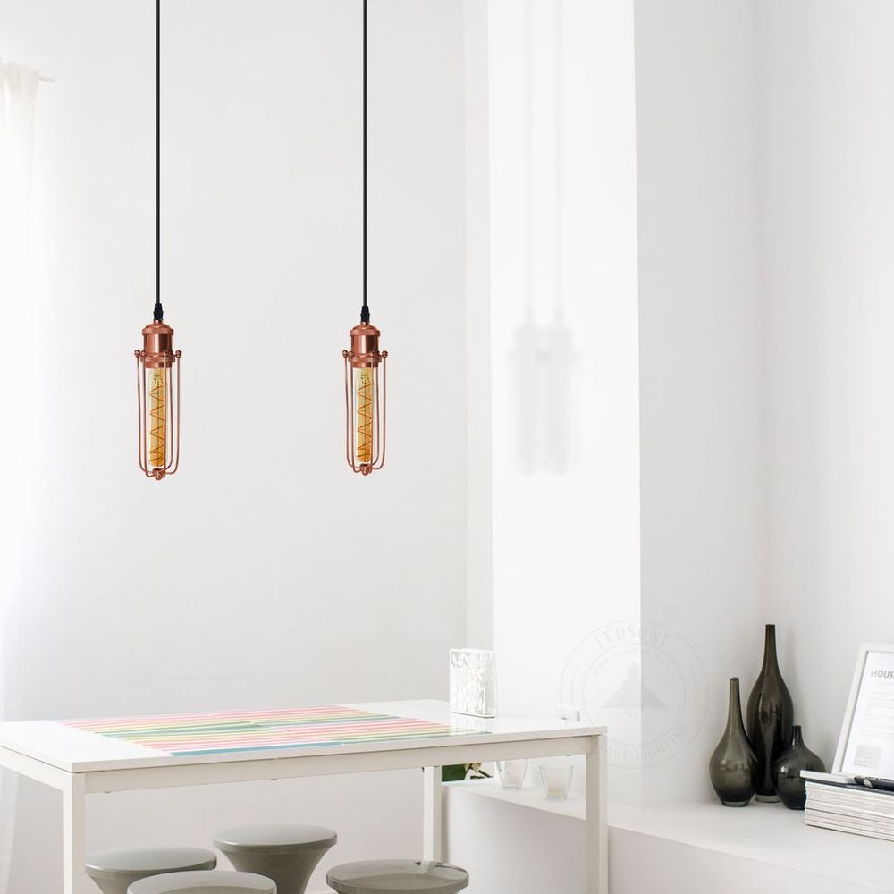 Single Rose Gold Ceiling E27 Pendant Light with Wire Cage, Industrial Vintage Hanging Lamp Fixture - SILVIONIX