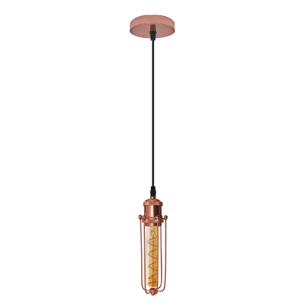 Single Rose Gold Ceiling E27 Pendant Light with Wire Cage, Industrial Vintage Hanging Lamp Fixture - SILVIONIX