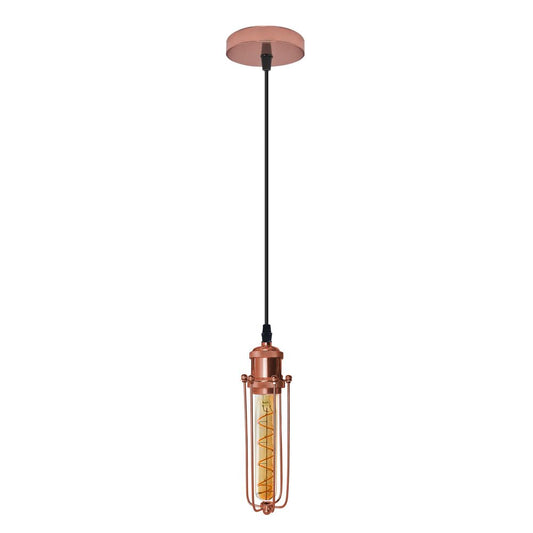 Single Rose Gold Ceiling E27 Pendant Light with Wire Cage, Industrial Vintage Hanging Lamp Fixture - SILVIONIX