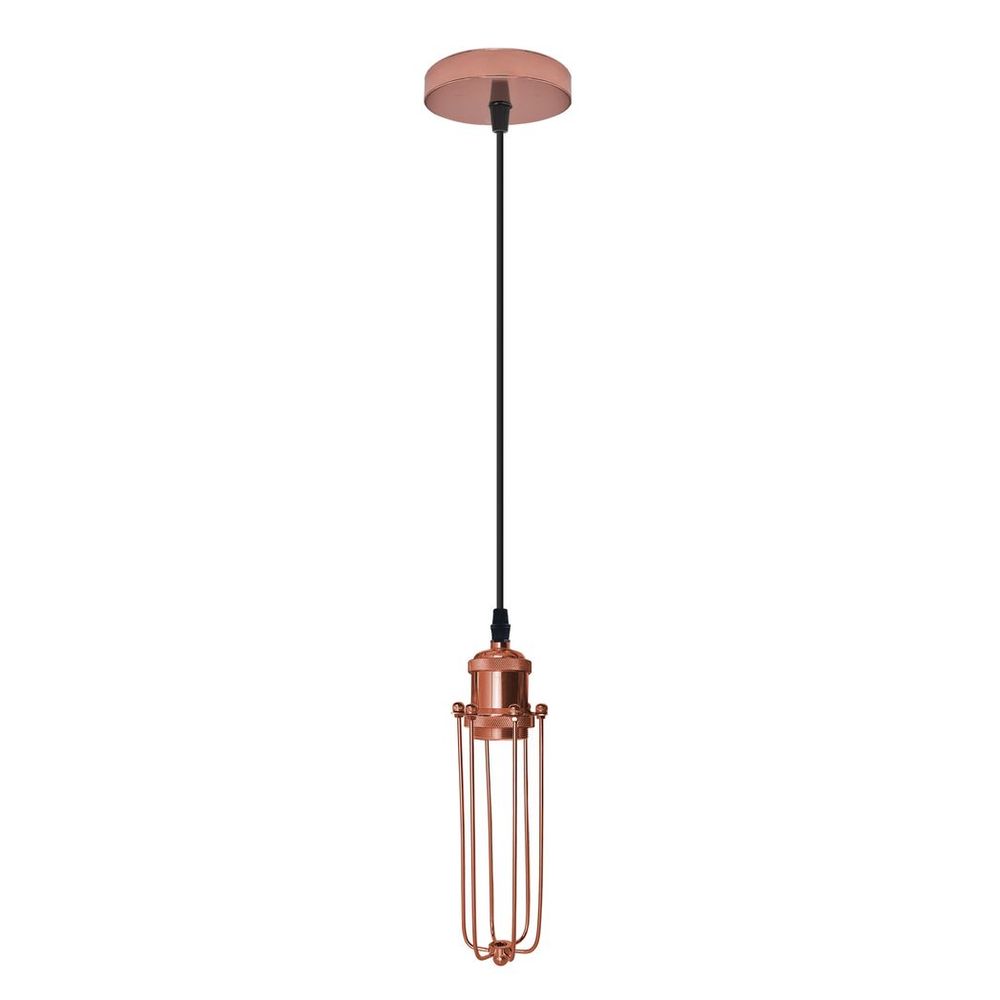 Single Rose Gold Ceiling E27 Pendant Light with Wire Cage, Industrial Vintage Hanging Lamp Fixture - SILVIONIX