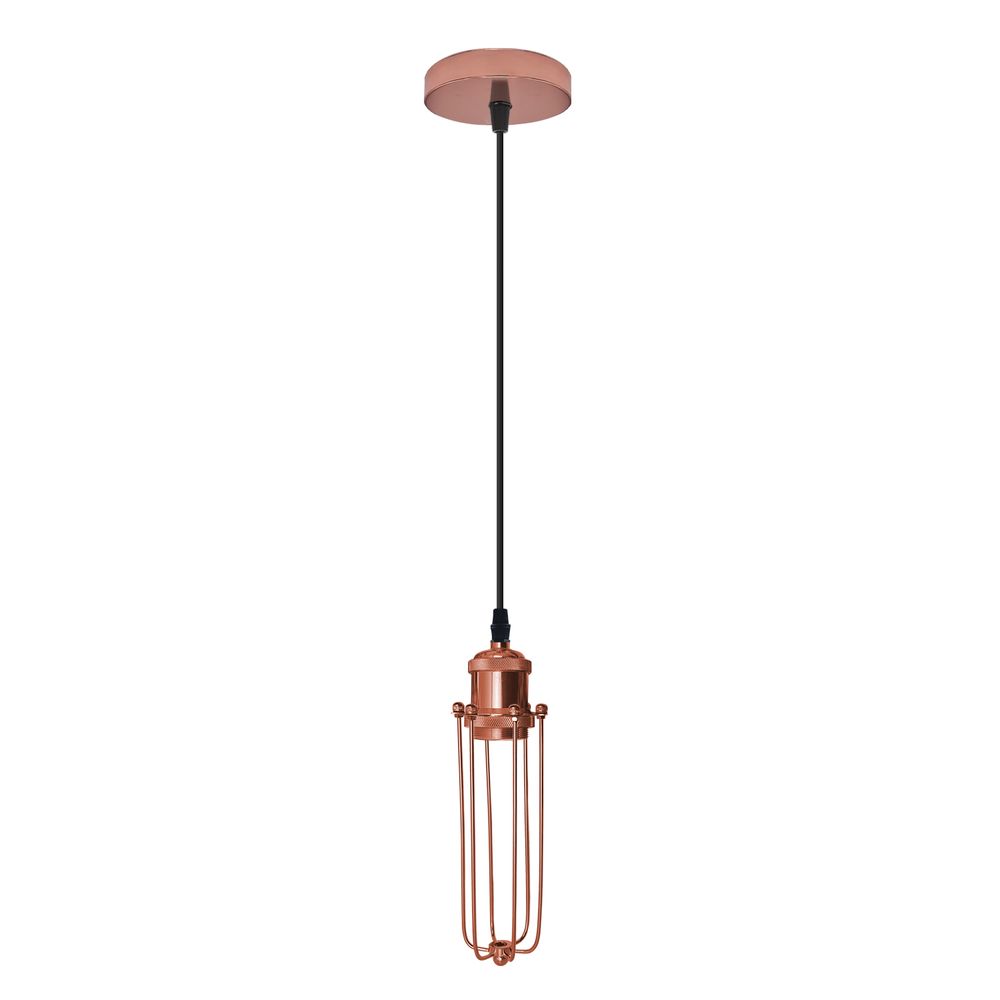 Single Rose Gold Ceiling E27 Pendant Light with Wire Cage, Industrial Vintage Hanging Lamp Fixture - SILVIONIX