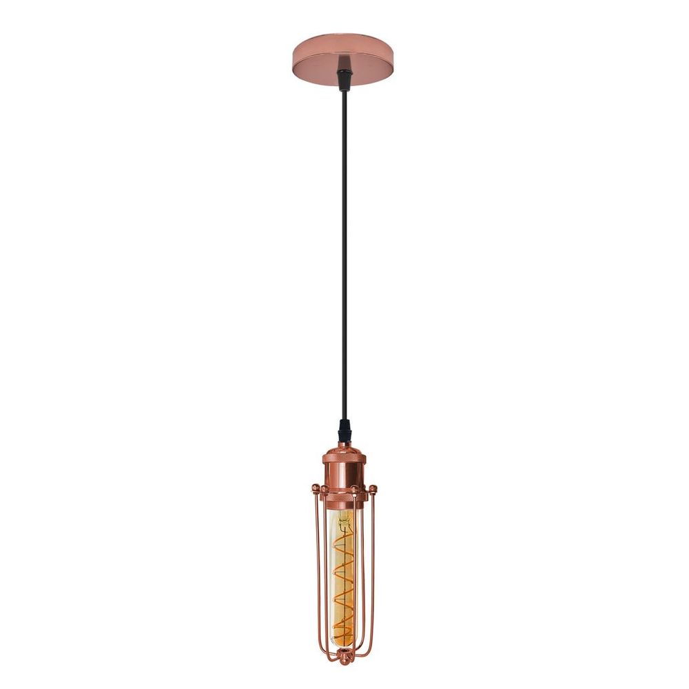 Single Rose Gold Ceiling E27 Pendant Light with Wire Cage, Industrial Vintage Hanging Lamp Fixture - SILVIONIX