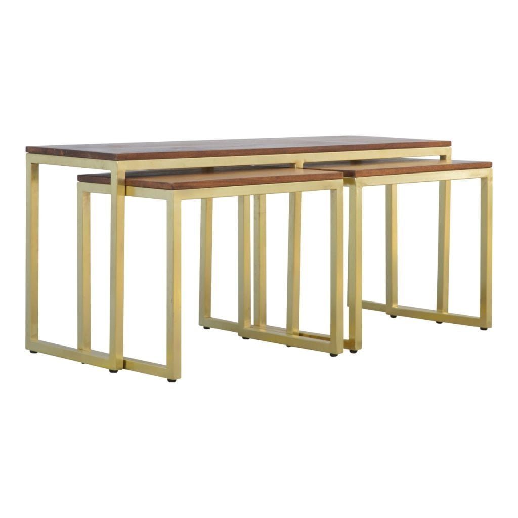 Solid Wood &amp; Iron Gold Base Table Set of 3 - SILVIONIX