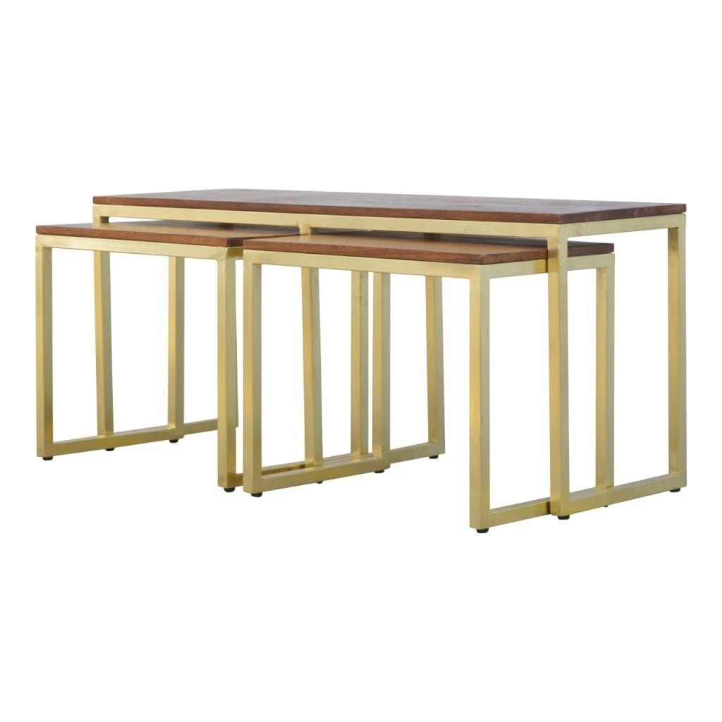 Solid Wood &amp; Iron Gold Base Table Set of 3 - SILVIONIX