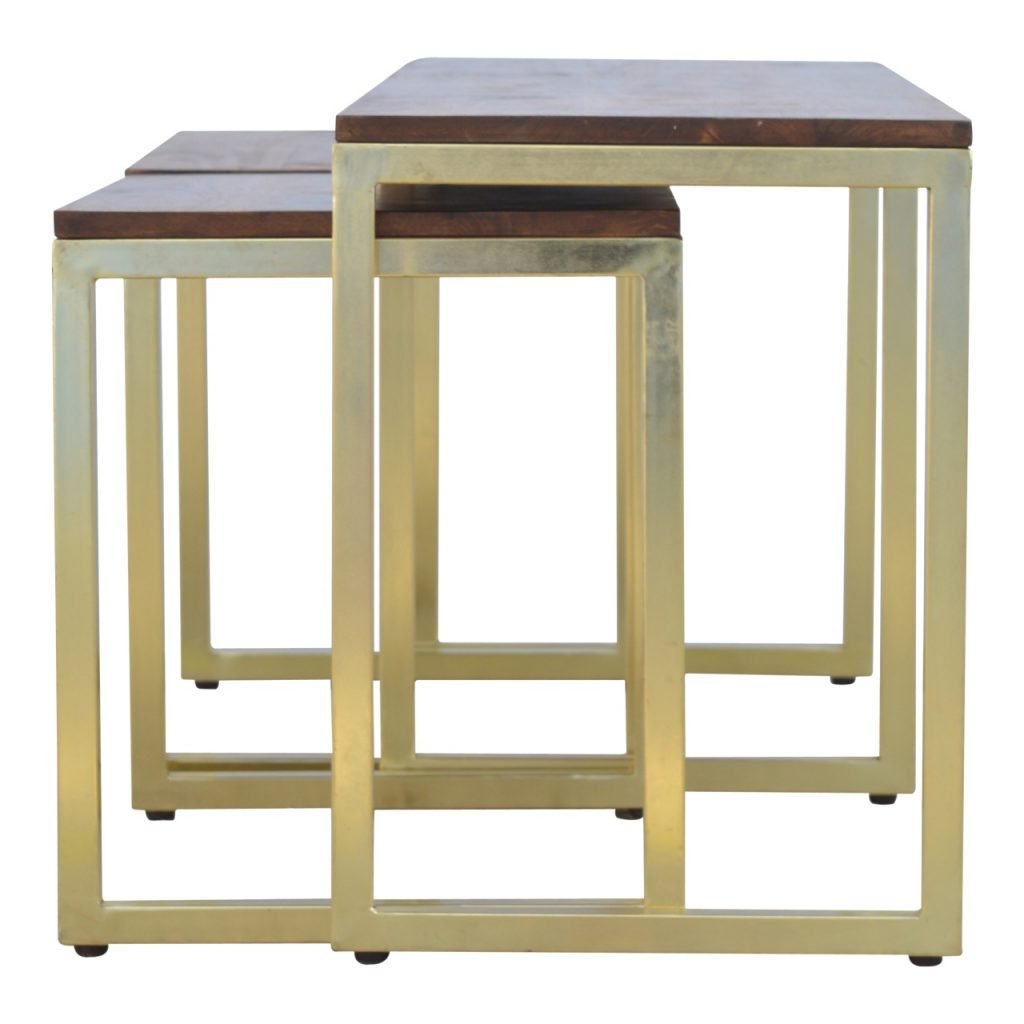 Solid Wood &amp; Iron Gold Base Table Set of 3 - SILVIONIX