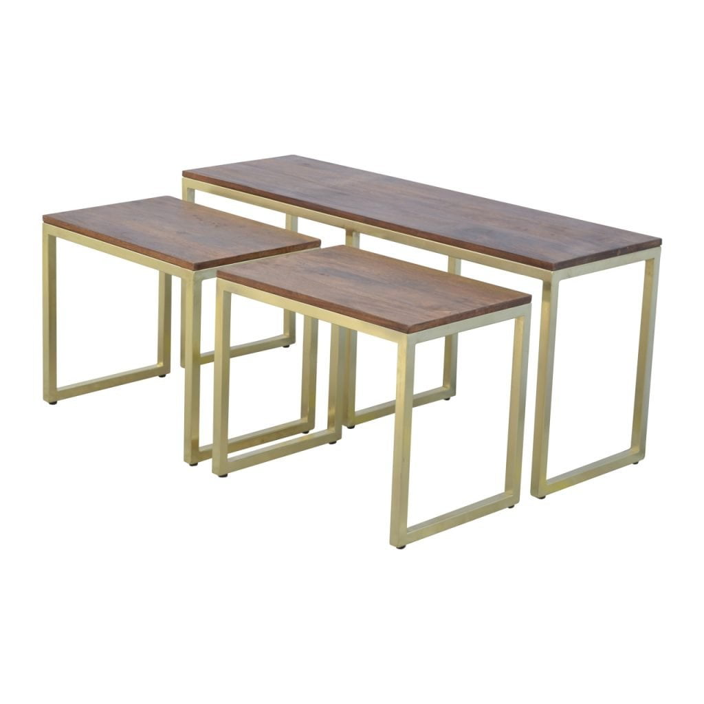 Solid Wood &amp; Iron Gold Base Table Set of 3 - SILVIONIX