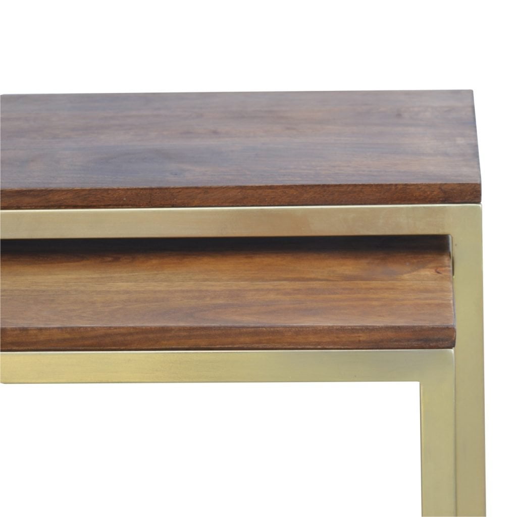 Solid Wood &amp; Iron Gold Base Table Set of 3 - SILVIONIX