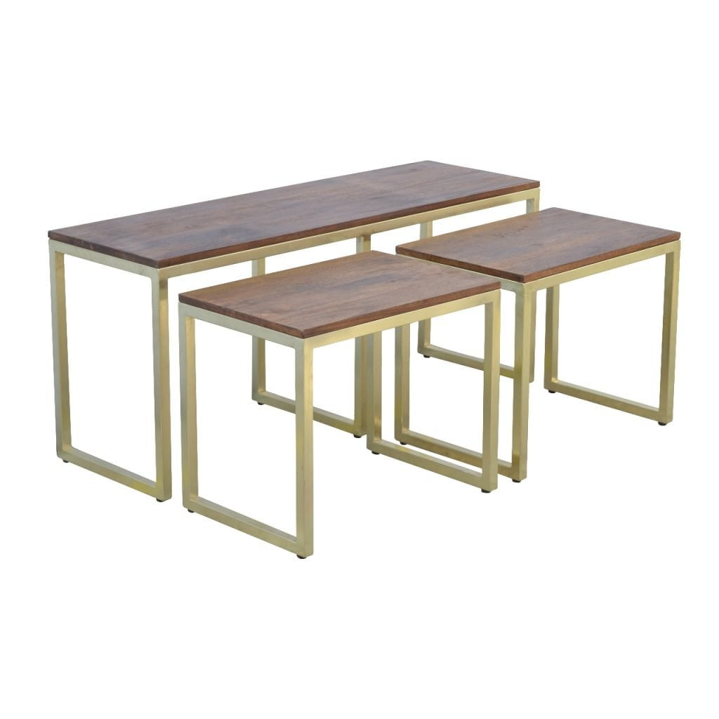 Solid Wood &amp; Iron Gold Base Table Set of 3 - SILVIONIX