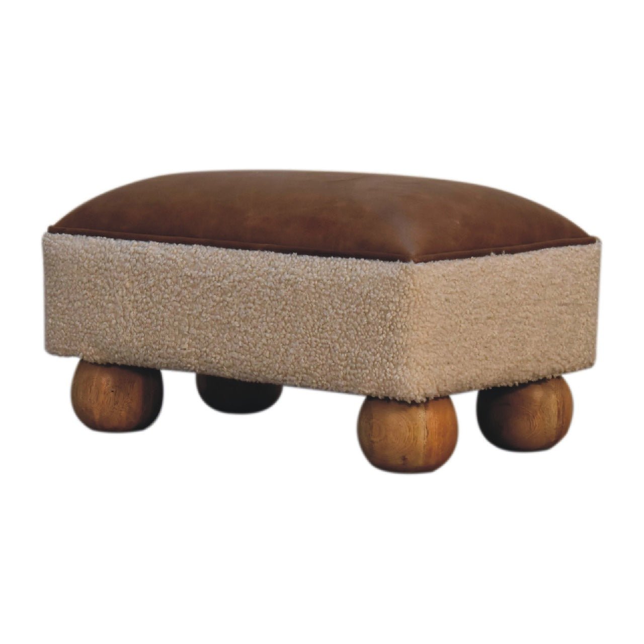 Tan Leather Boucle Ball Footstool - SILVIONIX