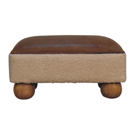 Tan Leather Boucle Ball Footstool - SILVIONIX