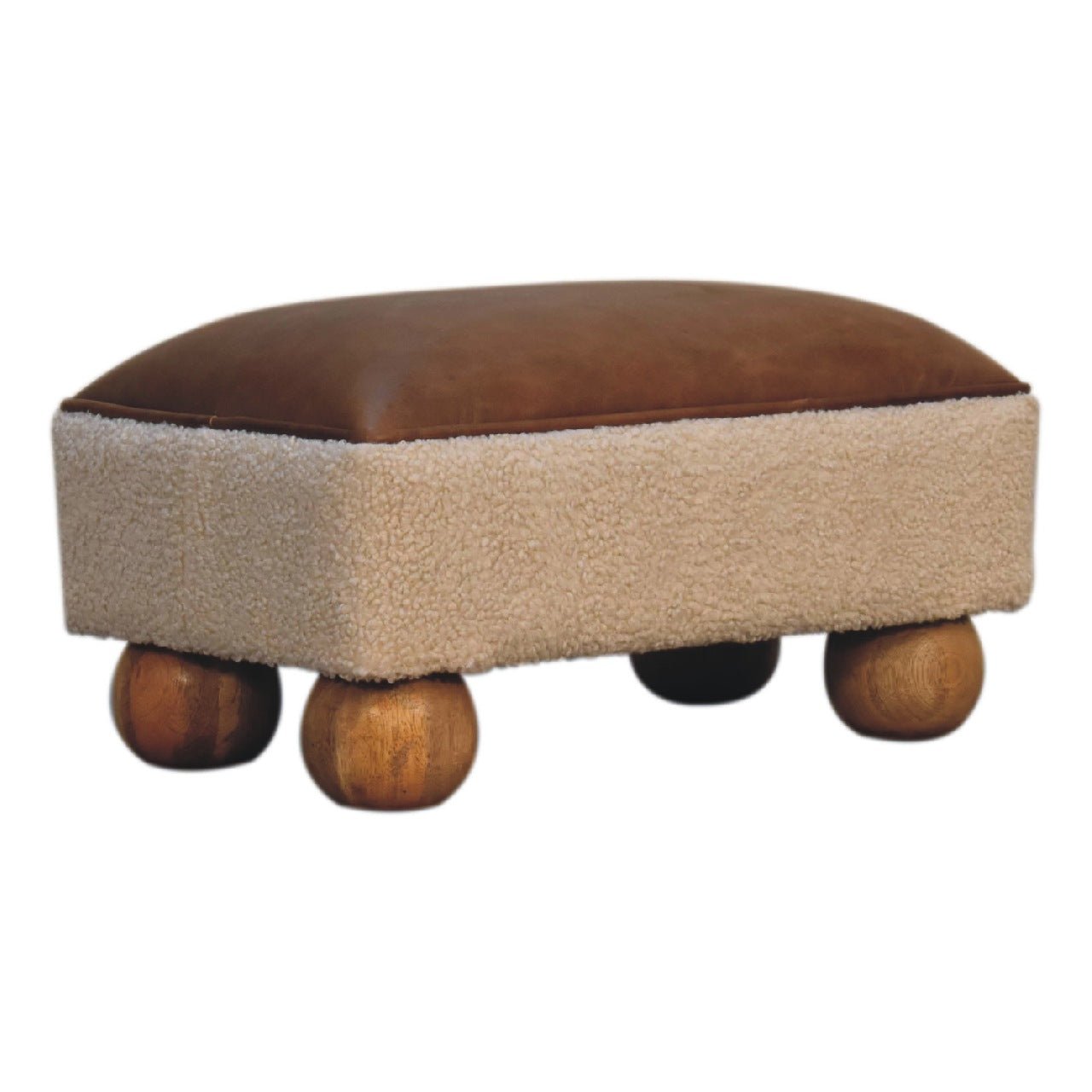 Tan Leather Boucle Ball Footstool - SILVIONIX