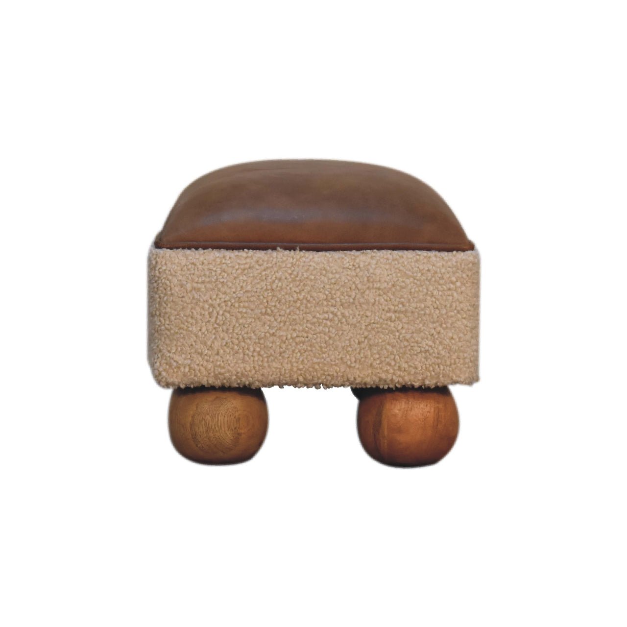 Tan Leather Boucle Ball Footstool - SILVIONIX