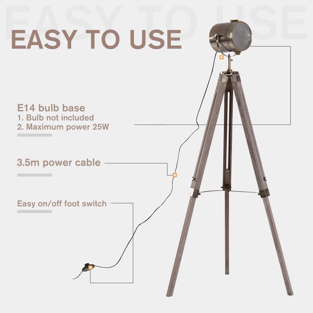 Tripod Floor Lamp, 65L,Wood/Bronze Colour - SILVIONIX