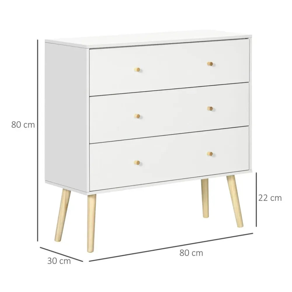 Chest of Drawers 3-Drawer Dresser Storage Organiser with Wood Legs, White