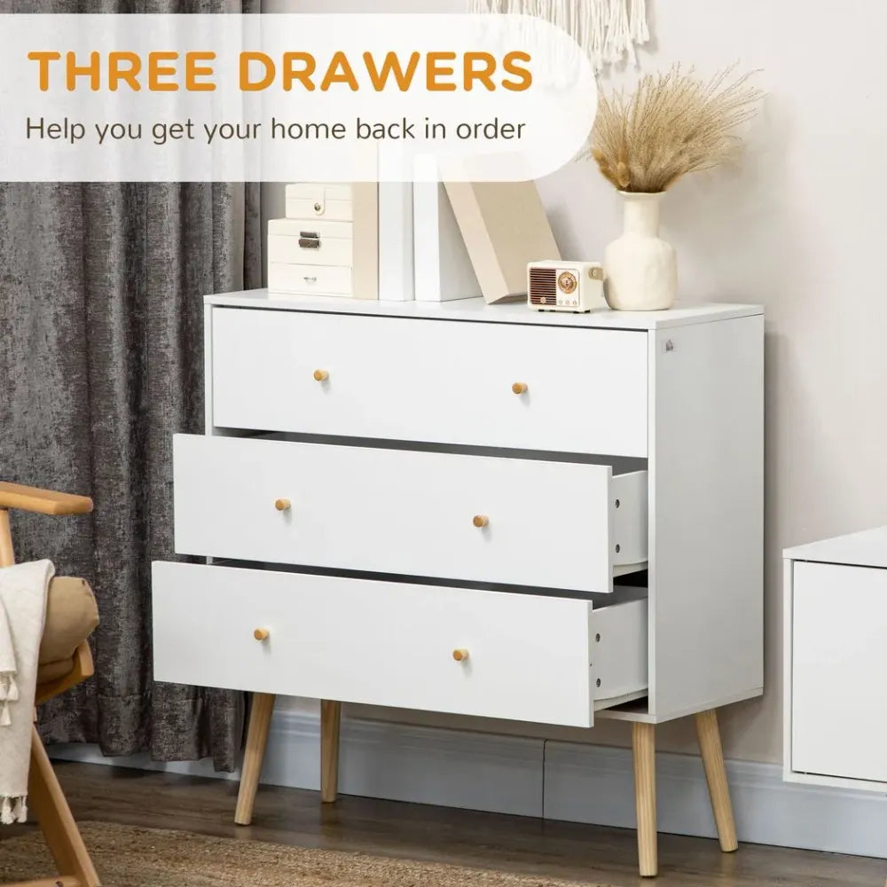 Chest of Drawers 3-Drawer Dresser Storage Organiser with Wood Legs, White