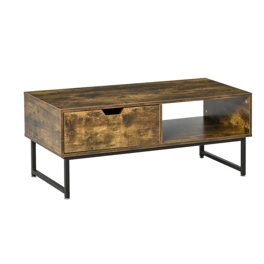 Coffee Table Wood Finish Metal Frame Sofa Table  Drawer & Shelf Brown - SILVIONIX