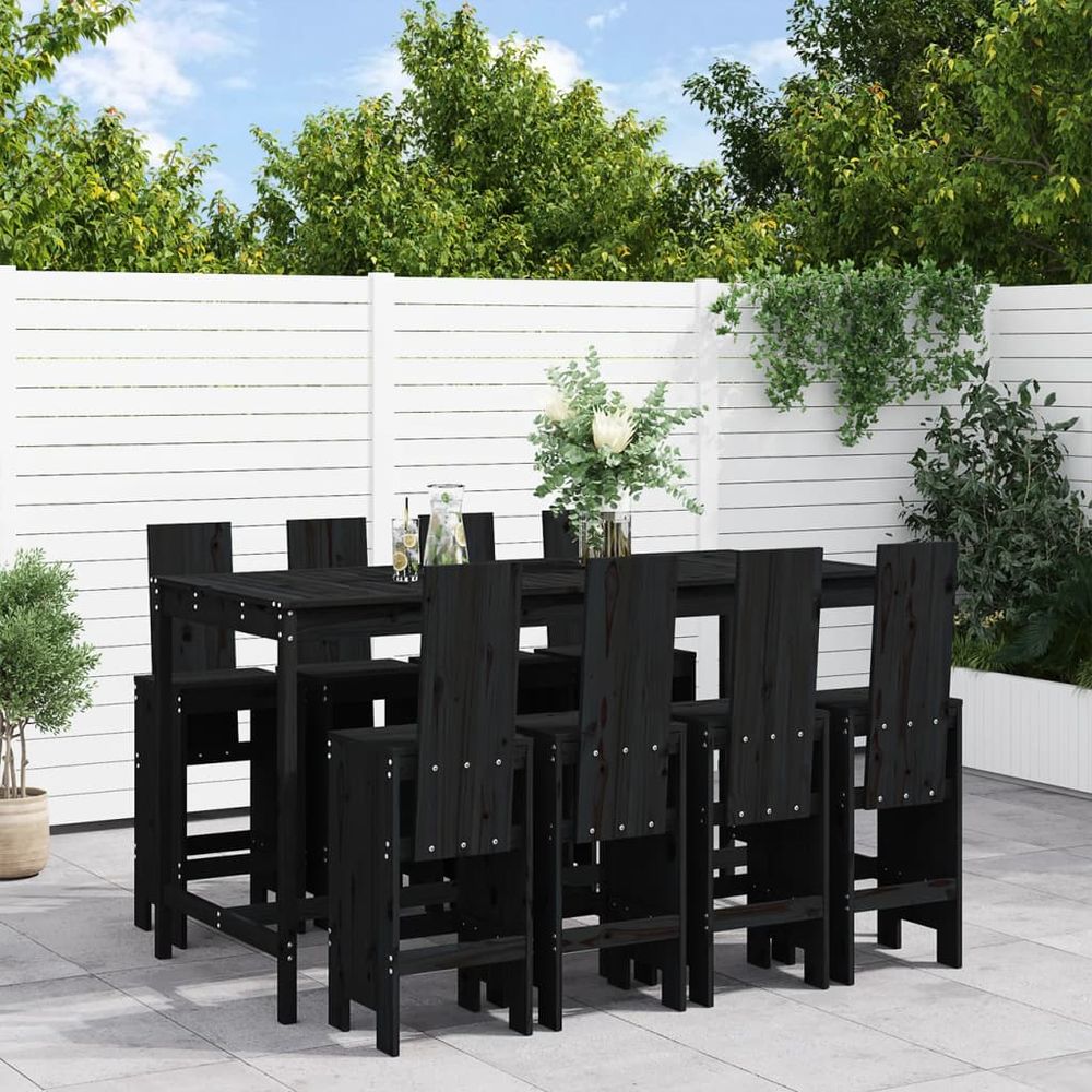 vidaXL 9 Piece Garden Bar Set Black Solid Wood Pine - SILVIONIX