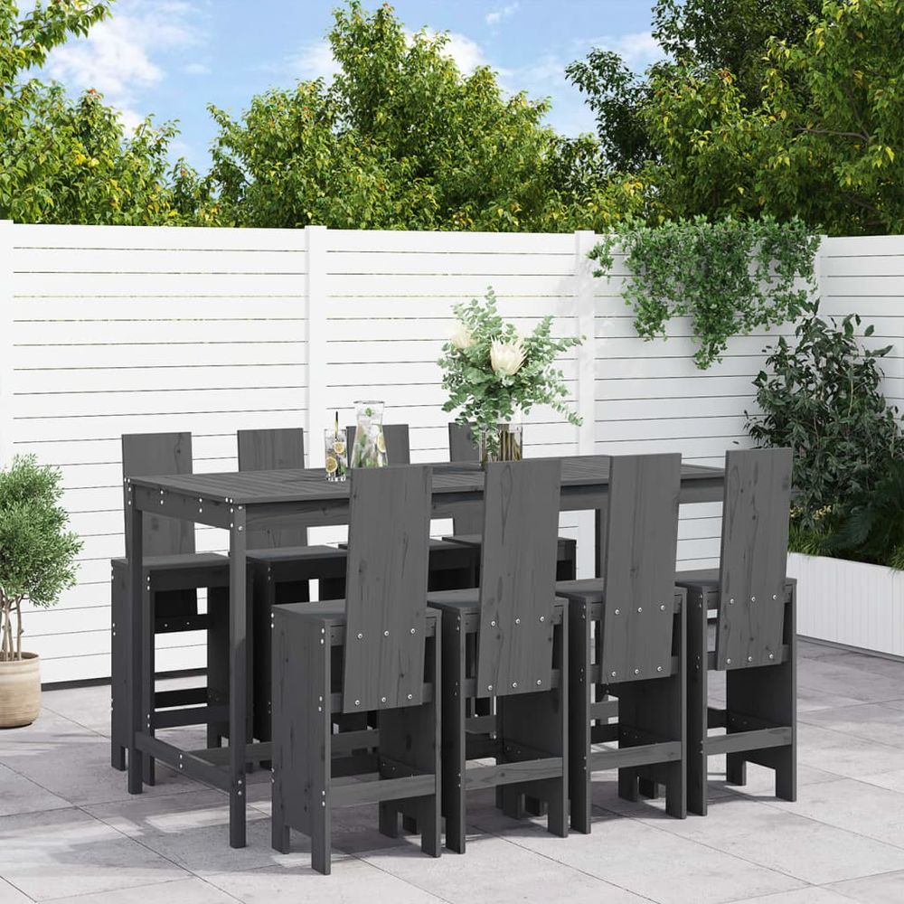 vidaXL 9 Piece Garden Bar Set Grey Solid Wood Pine - SILVIONIX