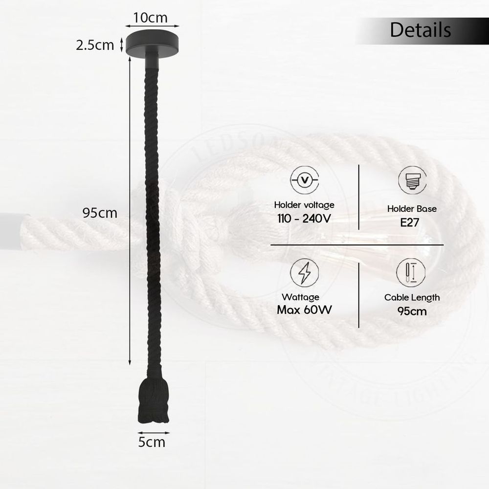 Vintage Ceiling Pendant Light 1m Black Colour Hemp Rope Hanging Lamp Lights - SILVIONIX