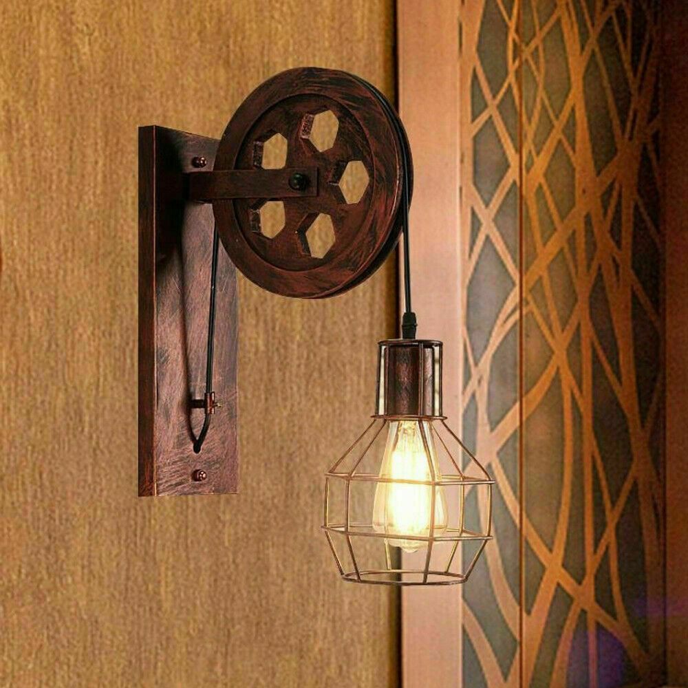 Vintage Industrial Pulley Wheel Wall Mounted Light Metal Cylinder Shape Shade - SILVIONIX