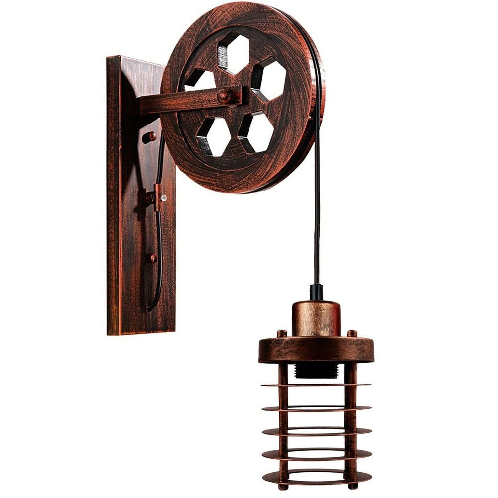 Vintage Industrial Pulley Wheel Wall Mounted Light Metal Cylinder Shape Shade - SILVIONIX